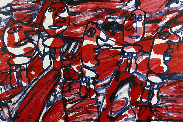 Jean Dubuffet, Random Site with Five Characters; Site Aleatoire avec Cinq Personnages, 1982, acrylic and paper collage laid down on canvas